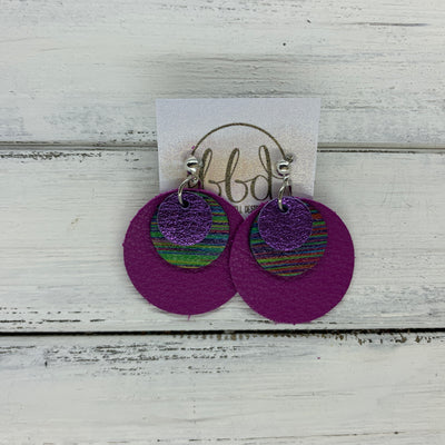 GRAY - Leather Earrings  ||    <BR> METALLIC PURPLE PEBBLED, <BR> MULTICOLOR STRIPE,  <BR> MATTE FUCHSIA