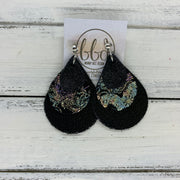 LINDSEY - Leather Earrings  ||   <BR>  SHIMMER BLACK, <BR> IRIDESCENT PAISLEY,  <BR> BLACK GLOSS DOTS