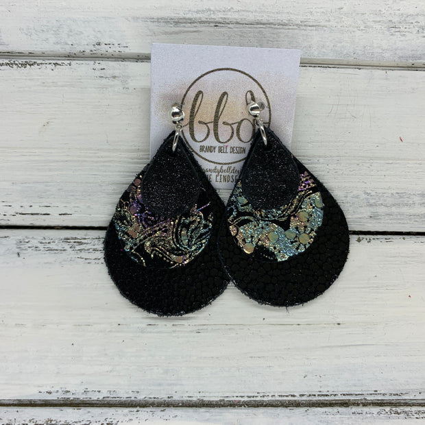 LINDSEY - Leather Earrings  ||   <BR>  SHIMMER BLACK, <BR> IRIDESCENT PAISLEY,  <BR> BLACK GLOSS DOTS