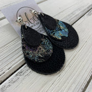 LINDSEY - Leather Earrings  ||   <BR>  SHIMMER BLACK, <BR> IRIDESCENT PAISLEY,  <BR> BLACK GLOSS DOTS