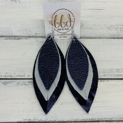 INDIA - Leather Earrings   ||  <BR>  METALLIC NAVY PEBBLED,  <BR> SHIMMER SILVER,  <BR> METALLIC NAVY SMOOTH