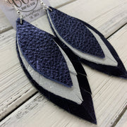 INDIA - Leather Earrings   ||  <BR>  METALLIC NAVY PEBBLED,  <BR> SHIMMER SILVER,  <BR> METALLIC NAVY SMOOTH