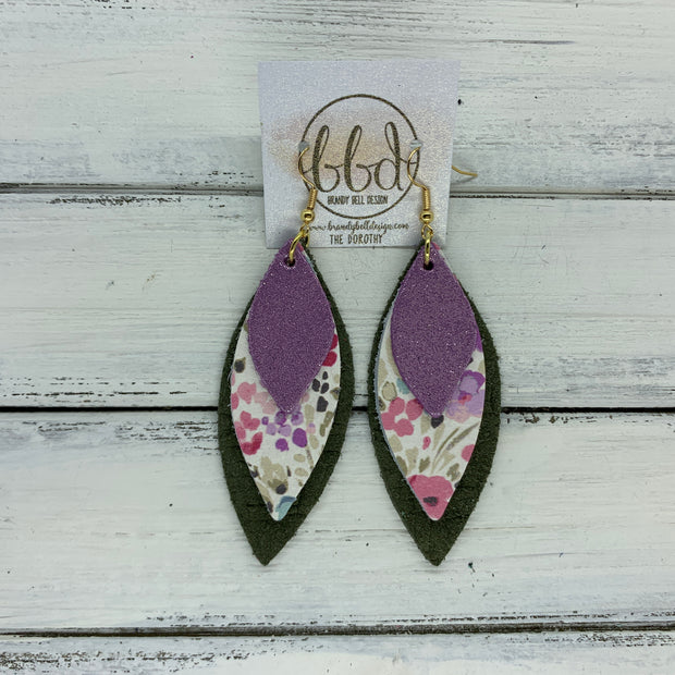 DOROTHY - Leather Earrings  ||  <BR> SHIMMER LILAC,  <BR> PINK & PURPLE FLORAL ON WHITE, <BR> OLIVE GREEN BRAIDED