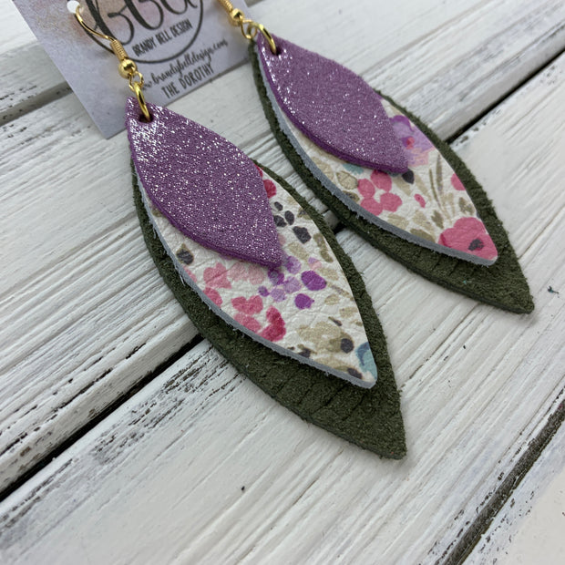 DOROTHY - Leather Earrings  ||  <BR> SHIMMER LILAC,  <BR> PINK & PURPLE FLORAL ON WHITE, <BR> OLIVE GREEN BRAIDED