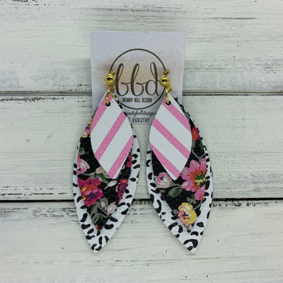 DOROTHY - Leather Earrings  ||  <BR> PINK & WHITE STRIPE,  <BR> PINK FLORAL ON BLACK <BR> BLACK & WHITE CHEETAH PRINT