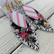 DOROTHY - Leather Earrings  ||  <BR> PINK & WHITE STRIPE,  <BR> PINK FLORAL ON BLACK <BR> BLACK & WHITE CHEETAH PRINT