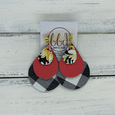LINDSEY - Leather Earrings  ||   <BR>  FLORAL ON BLACK, <BR> MATTE CORAL/PINK,  <BR> BLACK & WHITE BUFFALO PLAID