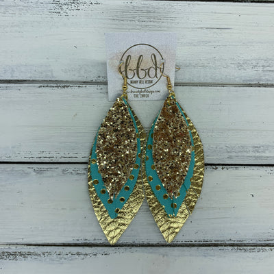 INDIA - Leather Earrings   ||  <BR>  GOLD GLITTER (FAUX LEATHER),  <BR> AQUA WITH GOLD POLKADOTS,  <BR> METALLIC GOLD BRAIDED