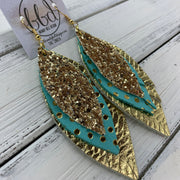 INDIA - Leather Earrings   ||  <BR>  GOLD GLITTER (FAUX LEATHER),  <BR> AQUA WITH GOLD POLKADOTS,  <BR> METALLIC GOLD BRAIDED