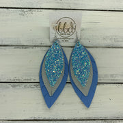 INDIA - Leather Earrings   ||  <BR>  GLASS SLIPPER GLITTER (FAUX LEATHER),  <BR> SHIMMER SILVER,  <BR> MATTE CAROLINA BLUE