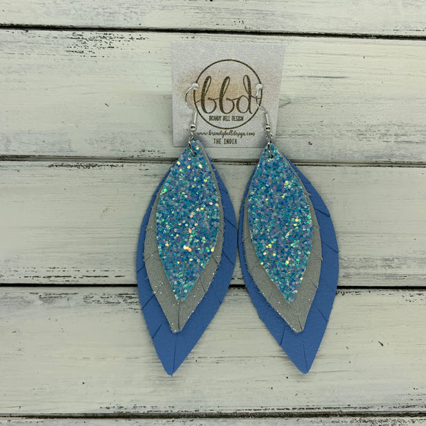 INDIA - Leather Earrings   ||  <BR>  GLASS SLIPPER GLITTER (FAUX LEATHER),  <BR> SHIMMER SILVER,  <BR> MATTE CAROLINA BLUE