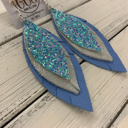 INDIA - Leather Earrings   ||  <BR>  GLASS SLIPPER GLITTER (FAUX LEATHER),  <BR> SHIMMER SILVER,  <BR> MATTE CAROLINA BLUE