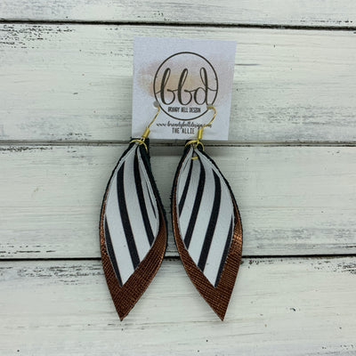 ALLIE -  Leather Earrings  ||  <BR> BLACK & WHITE STRIPE, <BR> METALLIC BRONZE SAFFIANO