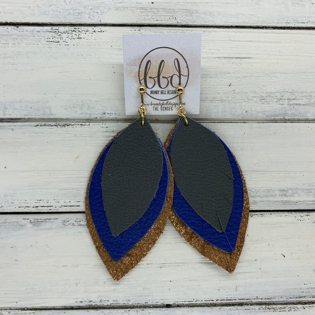 GINGER - Leather Earrings  ||  <BR>  MATTE DARK GRAY, <BR> MATTE COBALT BLUE,  <BR> SHIMMER COPPER ON TOAST