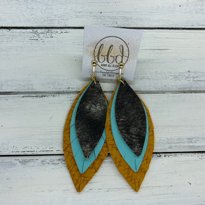 INDIA - Leather Earrings   ||  <BR>  TIE DYE BLACK & TAN,  <BR> ROBINS EGG BLUE ,  <BR> MUSTARD YELLOW BRAIDED