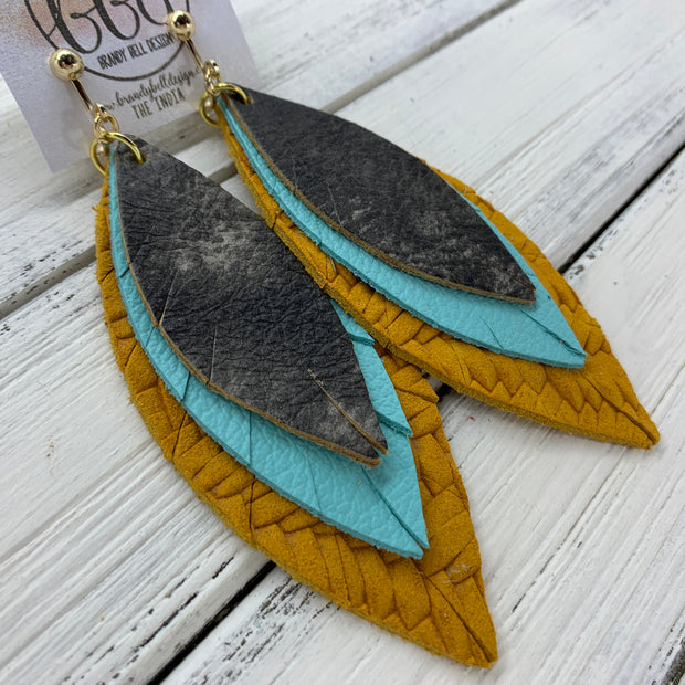 INDIA - Leather Earrings   ||  <BR>  TIE DYE BLACK & TAN,  <BR> ROBINS EGG BLUE ,  <BR> MUSTARD YELLOW BRAIDED