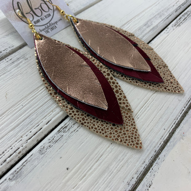 INDIA - Leather Earrings   ||  <BR>  METALLIC ROSE GOLD SMOOTH,  <BR> METALLIC CRANBERRY SMOOTH,  <BR> METALLIC ROSE GOLD DRIPS