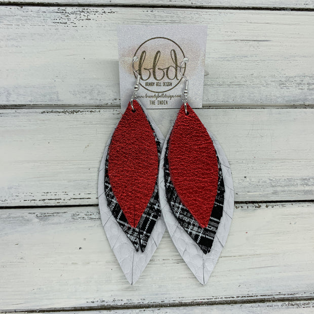 INDIA - Leather Earrings   ||  <BR> METALLIC RED PEBBLED,  <BR>BLACK & WHITE PLAID,  <BR> MATTE WHITE COBRA