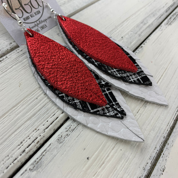 INDIA - Leather Earrings   ||  <BR> METALLIC RED PEBBLED,  <BR>BLACK & WHITE PLAID,  <BR> MATTE WHITE COBRA