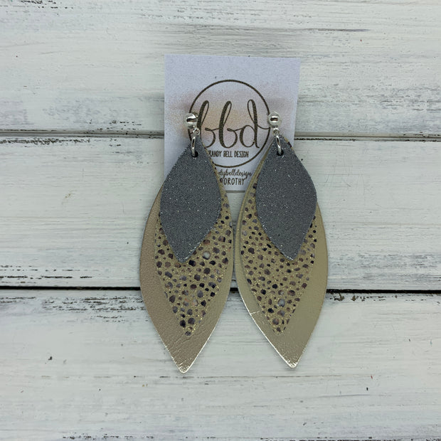 DOROTHY - Leather Earrings  ||  <BR> SHIMMER GRAY,  <BR> IVORY STINGRAY <BR> METALLIC CHAMPAGNE SMOOTH