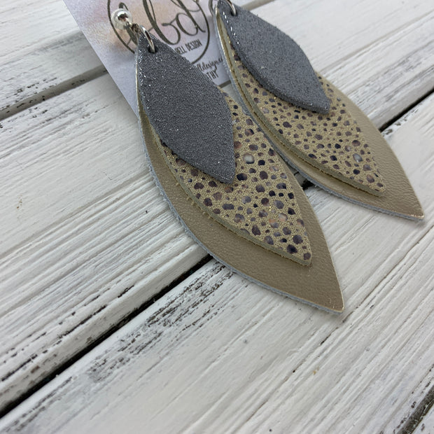 DOROTHY - Leather Earrings  ||  <BR> SHIMMER GRAY,  <BR> IVORY STINGRAY <BR> METALLIC CHAMPAGNE SMOOTH