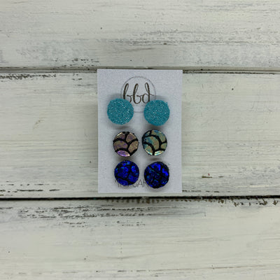 CAROL (3/PACK) - Leather Stud Earrings   ||  SHIMMER AQUA, METALLIC ANTIQUE MERMAID, METALLIC COBALT CRACKLE