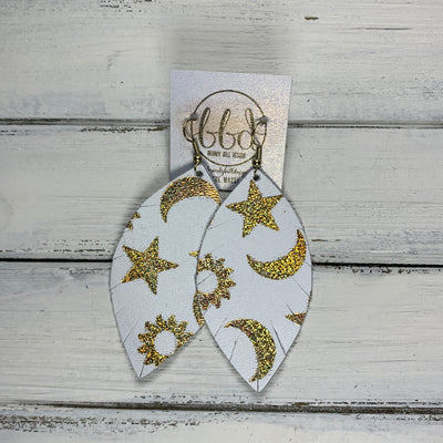 MAISY - Leather Earrings  ||  <BR> HOLOGRAPHIC GOLD CELESTIAL ON WHITE