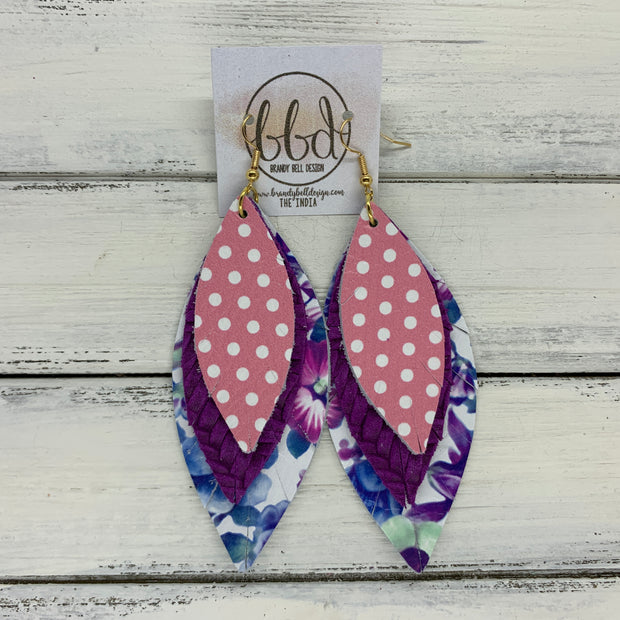 INDIA - Leather Earrings   ||  <BR>  PINK & WHITE POLKADOTS,  <BR> PURPLE BRAIDED,  <BR> PURPLE & BLUE FLORAL ON WHITE