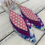 INDIA - Leather Earrings   ||  <BR>  PINK & WHITE POLKADOTS,  <BR> PURPLE BRAIDED,  <BR> PURPLE & BLUE FLORAL ON WHITE