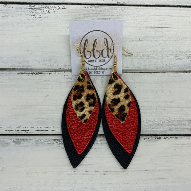 DOROTHY - Leather Earrings  ||  <BR> CHEETAH PRINT,  <BR> METALLIC RED PEBBLED <BR> MATTE BLACK