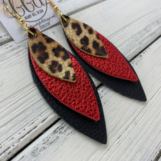 DOROTHY - Leather Earrings  ||  <BR> CHEETAH PRINT,  <BR> METALLIC RED PEBBLED <BR> MATTE BLACK