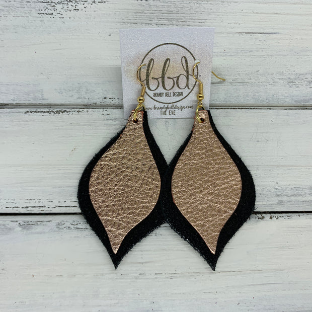 EVE - Leather Earrings  || <BR> METALLIC ROSE GOLD PEBBLED, <BR> BLACK WITH GLOSS DOTS