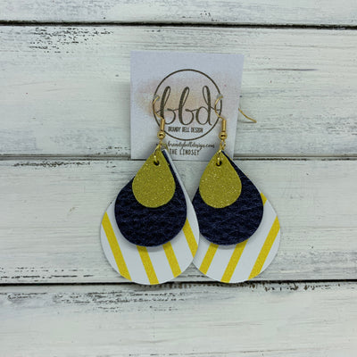 LINDSEY - Leather Earrings  ||   <BR>  SHIMMER YELLOW, <BR> METALLIC NAVY PEBBLED,  <BR> YELLOW & WHITE STRIPES