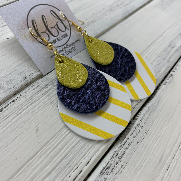 LINDSEY - Leather Earrings  ||   <BR>  SHIMMER YELLOW, <BR> METALLIC NAVY PEBBLED,  <BR> YELLOW & WHITE STRIPES