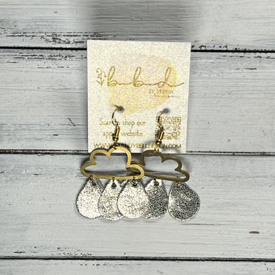 SUEDE + STEEL *Limited Edition* || Leather Earrings || BRASS CLOUD WITH LEATHER RAINDROPS  || <BR> METALLIC CHAMPAGNE CRACKLE
