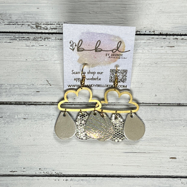 SUEDE + STEEL *Limited Edition* || Leather Earrings || BRASS CLOUD WITH LEATHER RAINDROPS  || <BR> METALLIC IVORY