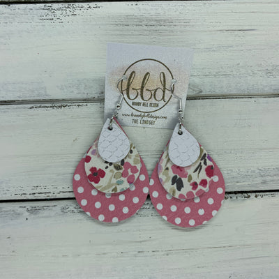 LINDSEY - Leather Earrings  ||   <BR>  MATTE WHITE COBRA, <BR> MINI PINK FLORAL ON WHITE,  <BR> PINK & WHITE POLKADOTS