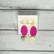 SUEDE + STEEL *Limited Edition* || Leather Earrings || POST WITH BRASS ACCENT  || <BR> NEON PINK GLITTER ON CORK