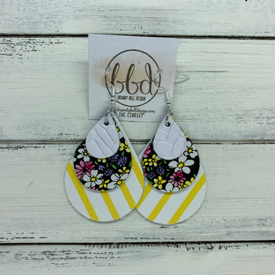 LINDSEY - Leather Earrings  ||   <BR>  MATTE WHITE BASKETWEAVE, <BR> MINI PINK & PURPLE FLORAL ON BLACK,  <BR> YELLOW & WHITE STRIPES