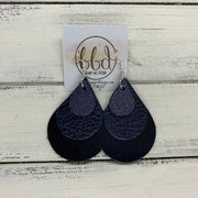 LINDSEY - Leather Earrings  ||   <BR>  SHIMMER NAVY, <BR> METALLIC NAVY PEBBLED,  <BR> METALLIC NAVY SMOOTH