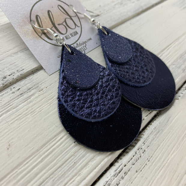 LINDSEY - Leather Earrings  ||   <BR>  SHIMMER NAVY, <BR> METALLIC NAVY PEBBLED,  <BR> METALLIC NAVY SMOOTH