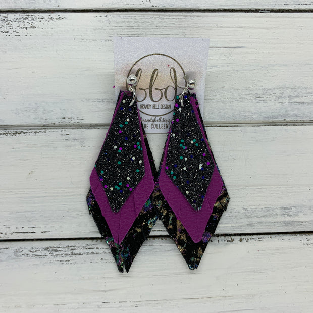COLLEEN -  Leather Earrings  ||   GALAXY GLITTER (FAUX LEATHER),<BR> MATTE FUCHSIA, <BR> IRIDESCENT NORTHERN LIGHTS