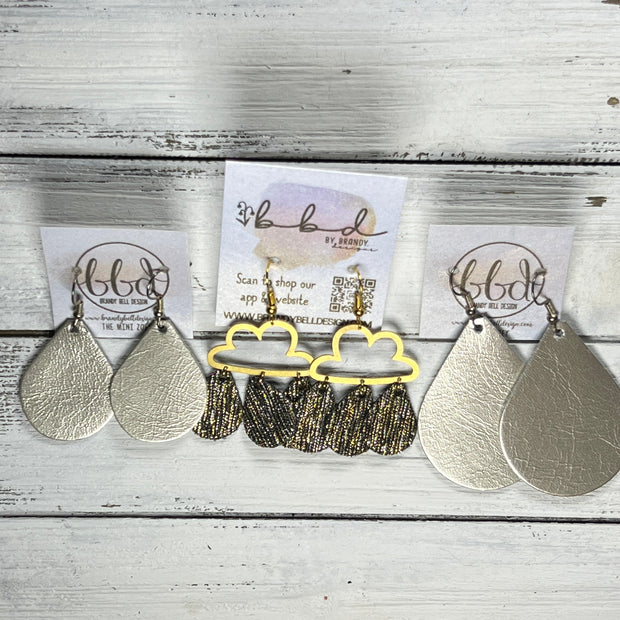 SUEDE + STEEL *Limited Edition* || Leather Earrings || BRASS CLOUD WITH LEATHER RAINDROPS  || <BR> METALLIC SILVER & GOLD THREADS