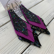 COLLEEN -  Leather Earrings  ||   GALAXY GLITTER (FAUX LEATHER),<BR> MATTE FUCHSIA, <BR> IRIDESCENT NORTHERN LIGHTS