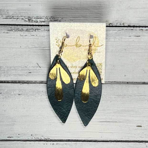 SUEDE + STEEL *Limited Edition* COLLECTION ||  Leather Earrings || GOLD BRASS LEAVES, <BR> DISTRESSED DARK TEAL