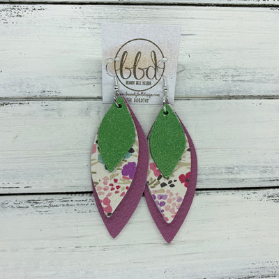 DOROTHY - Leather Earrings  ||  <BR> SHIMMER SPRING GREEN,  <BR> PINK & PURPLE MINI FLORAL ON WHITE <BR> MATTE MAUVE