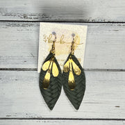 SUEDE + STEEL *Limited Edition* COLLECTION ||  Leather Earrings || GOLD BRASS LEAVES, <BR> OLIVE GREEN BRAID