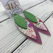 DOROTHY - Leather Earrings  ||  <BR> SHIMMER SPRING GREEN,  <BR> PINK & PURPLE MINI FLORAL ON WHITE <BR> MATTE MAUVE