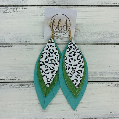 INDIA - Leather Earrings   ||  <BR>  BLACK & WHITE CHEETAH PRINT,  <BR> SHIMMER SPRING GREEN,  <BR> ROBINS EGG BLUE