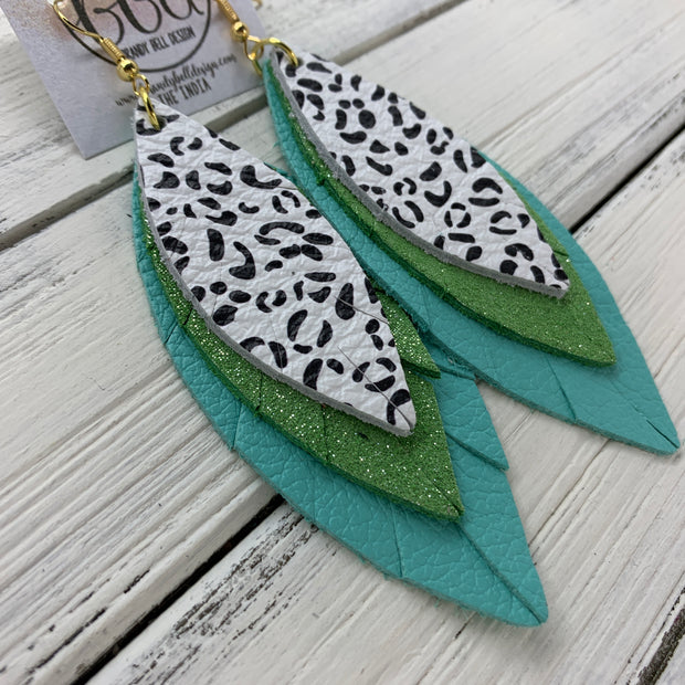 INDIA - Leather Earrings   ||  <BR>  BLACK & WHITE CHEETAH PRINT,  <BR> SHIMMER SPRING GREEN,  <BR> ROBINS EGG BLUE